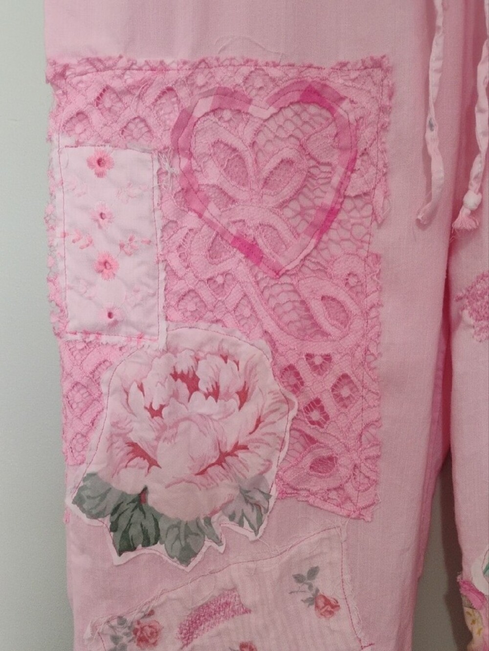 Upcycled Pink Patchwork Bloomer Pants Lace Trim, Cottagecore Floral Applique - Picture 4 of 11